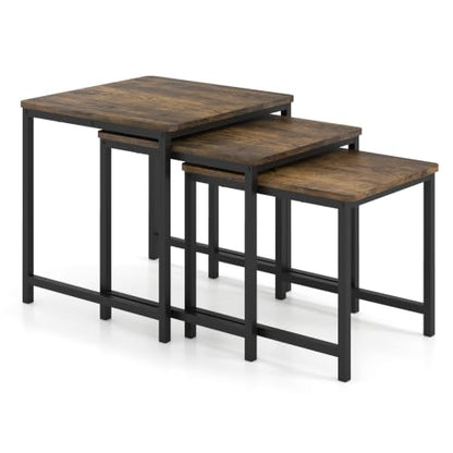 Giantex Nesting Coffee Table Set of 3, Small Center Tables for Living Room | Modern Coffee Table with Metal Frame, Space-Saving Stacking End Table for Small Space - color: Rustic Brown