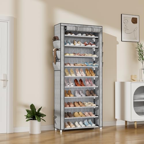 VTRIN Vertical Narrow Shoe Rack Organizer Tall Shoe Rack for Closet Entryway 10 Tier Non-Woven Cover Shoe Shelf Holds 36-41 Pairs Free Standing Shoe Storage Cabinet with Dustproof Cover, Multi Color - color: Light Grey, size: 24.8"W x11.8"D x 68.9"H