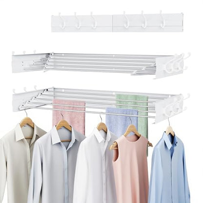 Laundry Drying Rack, Collapsible Wall Mounted Clothes Drying Rack - Foldable,Space Saving, 13.2 Linear Ft, 5 Aluminum Rods, 60 lb Capacity (White, 40" Wide) - size: 40"