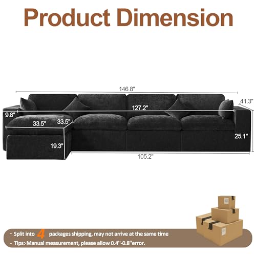146''Cloud Boneless Sectional Couch, Modular Sectional Sofa Deep Seat with Ottoman, Oversized Upholstered Convertible Comfy 5 Seater Chenille Sofa L Shape Couches for Living Room, Dark - color: Dark, size: 146"/4 Seater+1 Ottoman