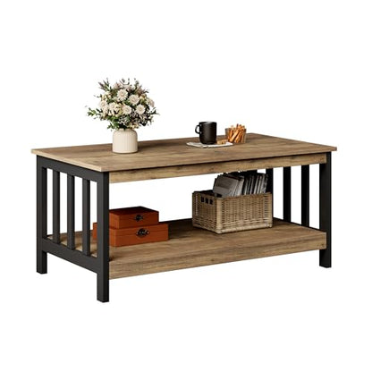 ChooChoo Farmhouse Coffee Table, Living Room Table with Shelf, 40 Rustic Oak & Black - color: Rustic Oak & Black, size: 22"D x 39.9"W x 18.1"H