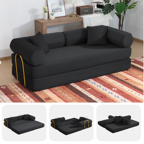 79" Boneless Couches with Hex Arm, 5-in-1 Corduroy Sofa Bed for Living Room & Small Spaces, High-Density Foam Floor Couches, No Assembly Require, (Black) - color: Black, size: 79" Hex Arm Sofa
