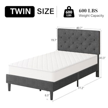 HOMBCK Twin Size Bed Frame, Gray Linen Fabric Upholstered Bed Frame with Headboard, Twin Bed Frames for Kids, Wood Slats, Button Tufted, No Box Spring Needed, Light Grey - color: Light Grey, size: Twin