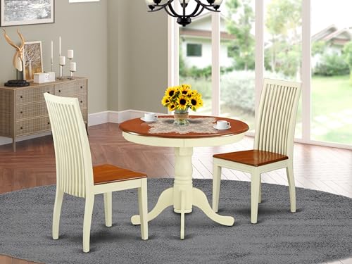 East West Furniture ANIP3-BMK-W 3 Piece Dining Set Contains a Round Dining Room Table with Pedestal and 2 Wood Seat Chairs, 36x36 Inch, Buttermilk & Cherry - color: Anip3-bmk-w