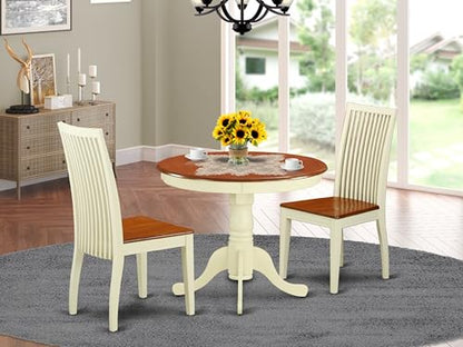 East West Furniture ANIP3-BMK-W 3 Piece Dining Set Contains a Round Dining Room Table with Pedestal and 2 Wood Seat Chairs, 36x36 Inch, Buttermilk & Cherry - color: Anip3-bmk-w