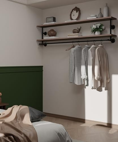 Clothes Rack 70in, 2-Tier Wall Mounted Garment Rack with Real Wood Shelf, Heavy Duty Hanging Clothes Rack, Multi-Purpose Hanging Rod, Space-Saving Closet Storage - color: Brown, size: 2T70IN
