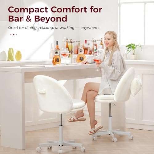 GTPLAYER Velvet Tall Office Chair with Wheels Vanity Chairs with Back, Versatile Height Use: Office to Bar Stools Small Ergonomic Comfy Armlees Computer Desk Chair with Bow Lumbar Pillow for Gift - color: Ve-white