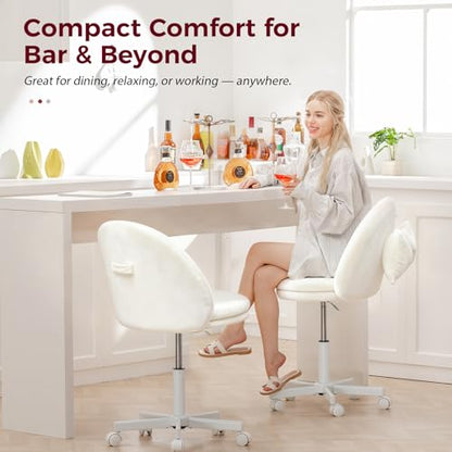 GTPLAYER Velvet Tall Office Chair with Wheels Vanity Chairs with Back, Versatile Height Use: Office to Bar Stools Small Ergonomic Comfy Armlees Computer Desk Chair with Bow Lumbar Pillow for Gift - color: Ve-white