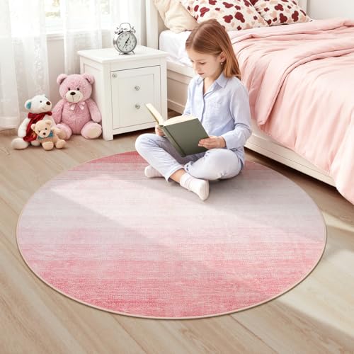 Wonnitar Pink Round Rug 4ft, Washable Modern Ombre Circle Rug for Bedroom, Soft Cute Nursery Round Throw Mat, Non-Slip Contemporary Small Low Pile Floor Carpet for Dorm Bedside (Pink, Round 4ft) - color: Pink, size: 4' (Round)
