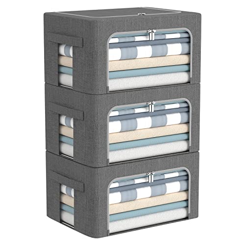 CYhom 3Pack Foldable Storage Bins - Frame Storage Box Linen Fabric Stackable Clothes Container Organizer with Clear Window & Carry Handles Large Capacity (Small-22L, Dark Gray) - color: Dark Gray, size: Small-22L