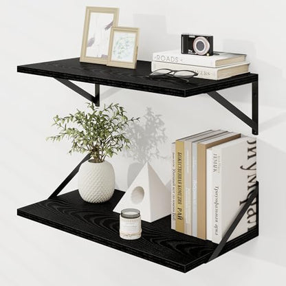 Dreamland Wall Mounted Floating Shelves Set of 2, 24x12, Black | Engineered Wood, Visible Bracket, Large Storage, Hold Up to 50lbs, Living Room, Bathroom, Bedroom, Kitchen - color: Black, size: 24"W x 12"D