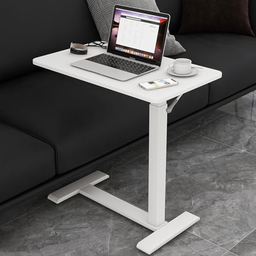 PUNCIA 27" Laptop Table with Hidden Wheels Pneumatic Standing Desk, White | Pneumatic Rolling Computer Cart Height Adjustable Beside Table Laptop Desk for Hospital Home Office Bedroom Couch
