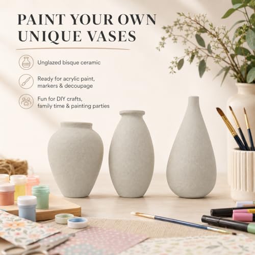 Mini Paintable Unglazed Ceramic Bud Vase Set of 3, Small Rustic Wabi Sabi Bisque Ceramic Vases, Farmhouse Boho Decorative Vases for Home Table Decor, DIY Crafts, Dried Flowers Centerpieces