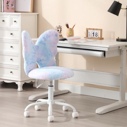 chairus Kids Desk Chair Butterfly Faux Fur Study Chair for Teenage Girls Adjustable Kids Vanity Chair for Bedroom Reading Living Room, Small Cute Student Task Chair with White Foot, Baby Blue - color: Butterfly, Blue