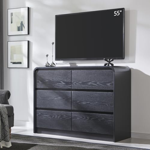 Aitjunz Modern 6 Drawers Dresser for Bedroom, 47" Wide Wood Dressers & Chests of Drawers w/Curved Profile Design, Mid Century Modern Dresser w/Natural Texture for Bedroom, Living Room, Black - color: Black, size: 15.5"D x 47.2"W x 33.9"H (6 Drawers)