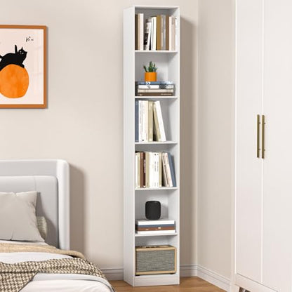 70.9 Inch Tall Narrow Bookcase, Modern White Corner Storage Cabinet, Free Standing Bookcase with Storage, 6 Tier Cube Open Display Shelves for Home Office 30cm