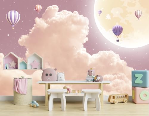 Pink and Purple Clouds Wallpaper Mural for Girls Room | Hot Air Balloons Moon Wall Mural 106"x70" Not Peel and Stick - color: Art Wall-66, size: 106" x 70"