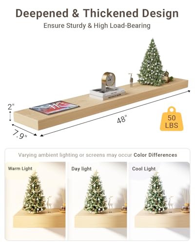 48 inch Long White Oak Floating Shelves for Wall, 8in Deep, Set 2 | 2" Thick Wood Wall Shelf, Heavy Duty Bracket, Bathroom Bedroom Kitchen Living Room, Non-tilting, 50LBS Capacity, Easy Install - color: White Oak, size: 48 x 7.9 x 2 (2pc)