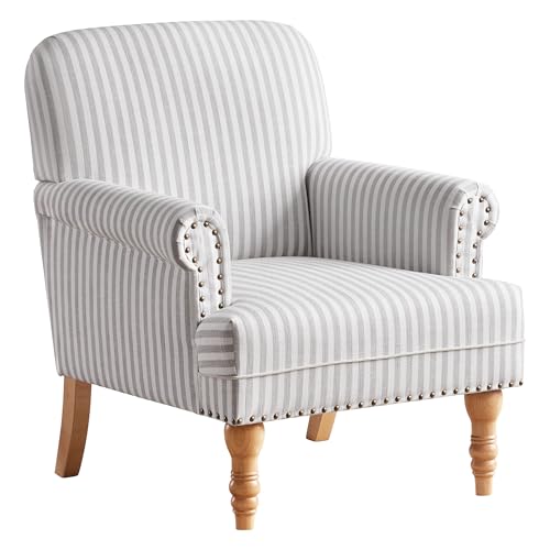 HUIMO Linen Fabric Accent Chair, Mid-Century Modern Armchair with Solid Wood Legs, Single Sofa Chair,Upholstered Reading Club Chair (1, Grey and White Stripe) - color: Light Grey and White Stripe