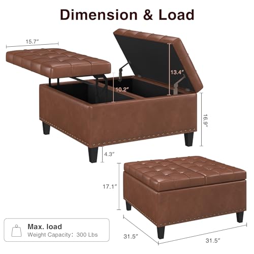 FiveWillowise 31.5 Inch Large Square Ottoman with Storage,Faux Leather | Coffee Table Storage Ottoman Bench with Lift Top Upholstered Footrest Stool Toy Box for Bedroom Living Room,Brown - color: Brown