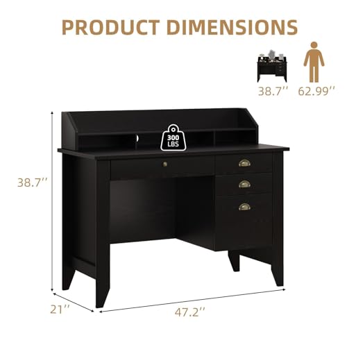 4 EVER WINNER Black Desk with Drawers, Small Desk with File Drawer and Monitor Stand, Computer Desk with Storage, Writing Desk for Bedroom Home Office, Black - color: Black