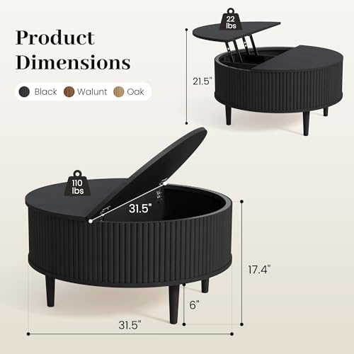 31.5" Round Coffee Table with Lifting Top, Storage for Living Room, Black | Fluted Center Table, Mid Century Modern Design for Home Office and Small Space with 4 Hidden Compartments - color: Black