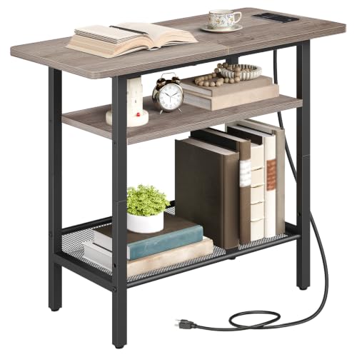 HOOBRO Side Table, Narrow End Table with Shelf, Charging Station, Wide Storage Tabletop, 3-Tier Bedside Tables for for Small Spaces, Living Room, Bedroom, Greige and Black BG366UBZ01 - color: Greige + Black