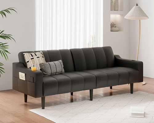 Brelice 80'' Leather Couch, Futon Sofa Bed, Faux Leather Couch with Adjustable Backrest, 2 Cup Holders & Side Pockets, Mid Century Modern Sofa for Living Room, Bedroom, Dark Black - color: Faux Leather Black
