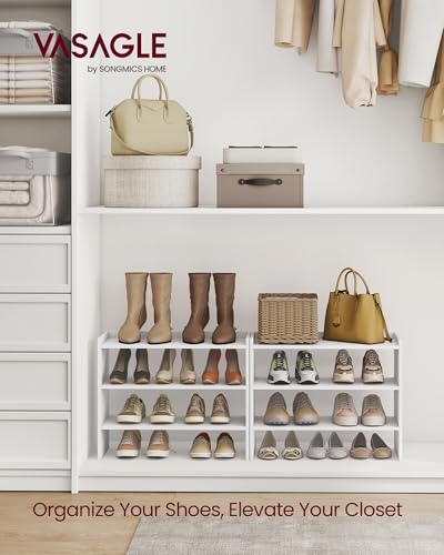 VASAGLE Shoe Rack for Closet, Stackable Organizer Shelf | Stackable Shoe Organizer Shelf for Entryway, 3 Tiers, 11.7 x 24.4 x 21.3 Inches, White, CUSTOS Collection, ULBS063WZ01S - size: 3 Tiers (24.4"W)