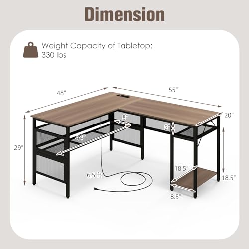 COSTWAY L Shaped Desk with Charging Station, 55” Reversible Corner Computer Desk with Mesh Storage Shelves, CPU Stand, 2 Person Gaming Desk Computer Workstation for Home Office | with Mesh Storage Shelves, CPU Stand, 2 Person Gaming Desk Computer Workstat