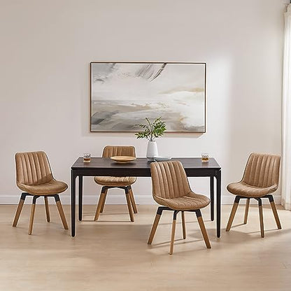 Mid Century Upholstered Swivel PU Dining Chairs Set of 4 Brown | 360° swivel curved foam-padded seat armless design dining room chairs accent chairs solid wood legs floor protection pads - color: Brown, size: Set of 4-PU