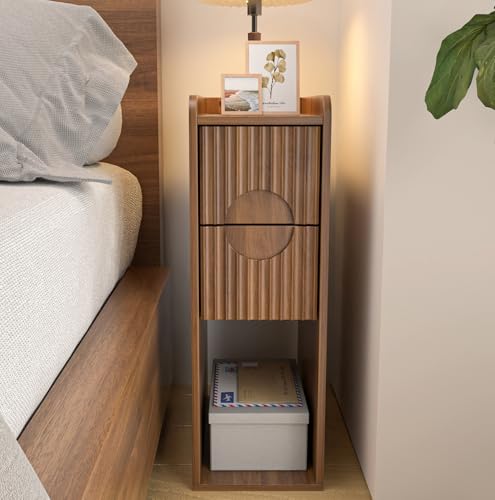 Narrow Fluted Nightstand, Wooden Small 2 Drawer Nightstand, Slim Side End Table, Vintage Bedside Table, Mid Century Modern Night Stand with Drawers, for Bedroom, Walnut, 1 Pc - color: Z01-walnut-1 Pc