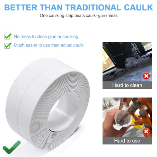 2 Rolls Caulk Tape Self Adhesive, Bathroom Waterproof White Caulking Sealant Strip Peel & Stick Wallpaper Floor Tile Toilet Tub Sink Backsplash Kitchen Wall Decor, Easier to Use Than Silicone Caulk - style: White