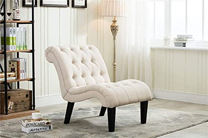 Mid Century Modern Accent Chair, Button Tufted Armless Lounge Chair, Upholstered Linen Side Chair with Solid Wood Legs for Bedroom, Living Room, Office - color: Cream, size: 1 Chair