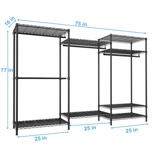 E13 Pro Heavy Duty Clothes Rack（With 4 Hanger Rods & 8 Shelves） Freestanding Clothing Racks for Hanging Clothes，Adjustable Closet，Metal Garment Rack 75" W x16 D x77 H，Max Load 1000LBS，Black - color: Black, size: E13 Pro