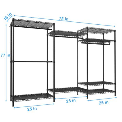 E13 Pro Heavy Duty Clothes Rack（With 4 Hanger Rods & 8 Shelves） Freestanding Clothing Racks for Hanging Clothes，Adjustable Closet，Metal Garment Rack 75" W x16 D x77 H，Max Load 1000LBS，Black - color: Black, size: E13 Pro