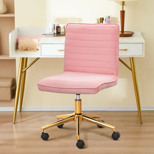 Furnimart Pink Swivel Armless Desk Chair with Wheels, Small Velvet Upholstered Home Office Desk Chair Mid-Back Adjustable Chair for Teen Girl Vanity Desk Bedroom Dorm Living Room (Velvet-Pink) - color: Velvet-pink