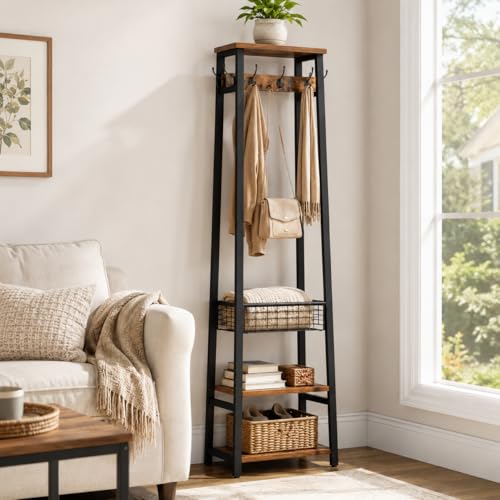 Coat Rack with Metal Basket and Storage Shelves | Coat Stand Freestanding, Hall Tree With and 7 Hooks, Clothes Rack Stand Organizer, Rustic Brown and Black - color: Rustic Brown and Black, style: 2 Shelves + 1 Basket