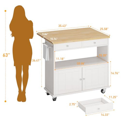 롤링 키친 아일랜드, 접이식 드롭 리프 브렉퍼스트 바, 89.9cm(35.4인치) 너비 주방 카트, 보관 캐비닛 및 서랍 2개, 수건 걸이가 있는 휴대용 모바일 주방 아일랜드 테이블, 잠금 가능한 바퀴, 화이트 - color: 화이트., size: Drop Leaf