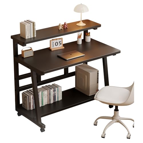 31.5 Inch Rolling Computer Desk for Small Spaces, Monitor Stand & 3-Tier Storage with Lockable Wheels, Easy Assembly for Bedroom, Dorm & Apartment - color: Color: Frame：black/Board：black, size: 31.5“*19.7”