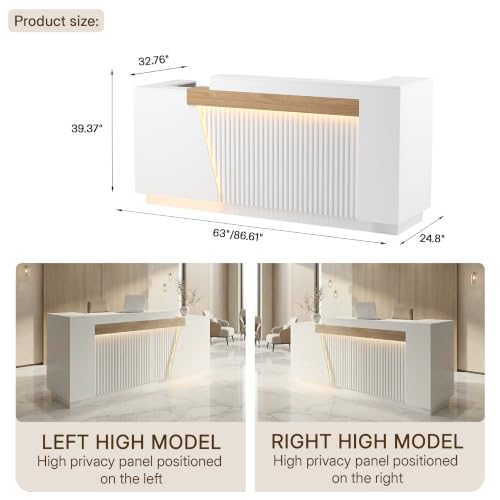 87" Modern Front Desk Reception Counter,Commercial Reception Room Tables with Built-in Outlets,Combination Lock Drawers, LED Lights for Office Beauty Salon Retail Store,White - color: Right-white, size: 86.6''L x 26''W x 41.34''H