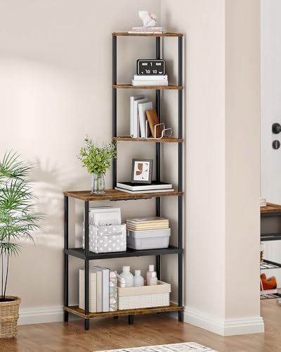 6-Tier Corner Shelf, Industrial Corner Bookshelf with Desk Top, Diamond-Shaped Storage Shelves, Display Stand for Small Spaces, Living Room, Home Office, Foyer, Rustic Brown and Black TCJ70BF - color: Rustic Brown and Black