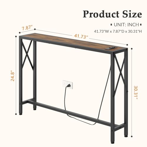 Gewudraw Narrow Console Table with Socket, Sofa Table Behind Couch, Brown | 41.8" Couch Table, Industrial Style, Long Skinny Design,For Hallway,Living Room,Bedroom, Built-In Outlets & USB,140cm Length - color: Rustic Brown, size: 41.7 in