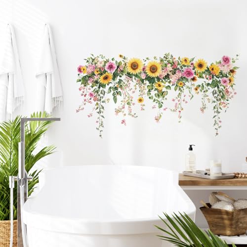 Green Sunflower Wall Decals, Removable PVC Stickers Indoor Decor | Vivid Sunflower Print, Self-adhesive Easy Install, No Wall Scratches, Fits Walls Doors Cabinets Windows Home Decor - style: Sunflower