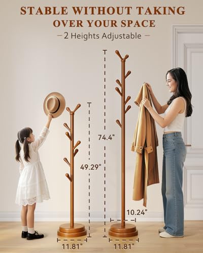 STARSAGA Solid Wood Coat Rack Freestanding Coat Tree with 8 Hooks | Adjustable Height Heavy Duty Coat Rack with Rounded Hooks & Dual-Layer Base, Holds Coats Hats Bags for Entryway, Bedroom - color: Walnut