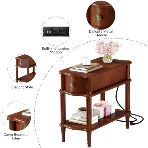 Nightstand with Charging Station & Drawer, Pre-Assembled Vintage Side Table with Shelf, Rustic Wood Finish Narrow End Table with Turned Legs for Bedroom Living Room, Caramel Walnut Brown, 1Pc