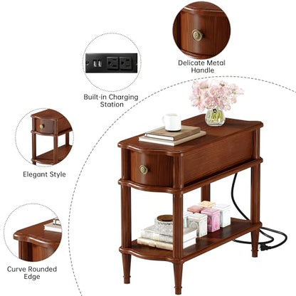 Nightstand with Charging Station & Drawer, Pre-Assembled Vintage Side Table with Shelf, Rustic Wood Finish Narrow End Table with Turned Legs for Bedroom Living Room, Caramel Walnut Brown, 1Pc