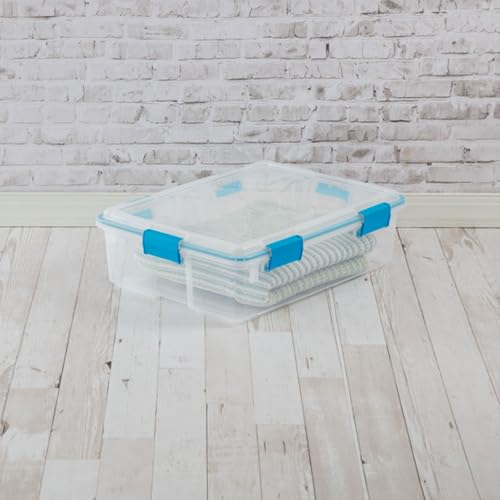 Sterilite Gasket Storage Box with Lids for Home & Office, 37 Quart, 4-Pack | Heavy-Duty, Stackable, and Organizing Containers for Bathroom, Cabinet, Closet, and Garage, Clear and Blue Aquarium Latches - size: 37 Quart, style: 4 Pack