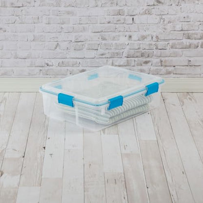 Sterilite Gasket Storage Box with Lids for Home & Office, 37 Quart, 16-Pack | Heavy-Duty, Stackable, and Organizing Containers for Bathroom, Cabinet, Closet, and Garage, Clear and Blue Aquarium Latches - size: 37 Quart, style: 16 Pack