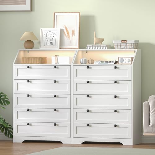 White Dresser Tall 5 Drawer Dresser for Bedroom, Wood Chest of Drawers with LED Lights, Charging Station, Metal Handles, Modern Storage Cabinet and Organizer Drawers for Living Room, Hallway - color: White, style: LED Tall 5 Drawers